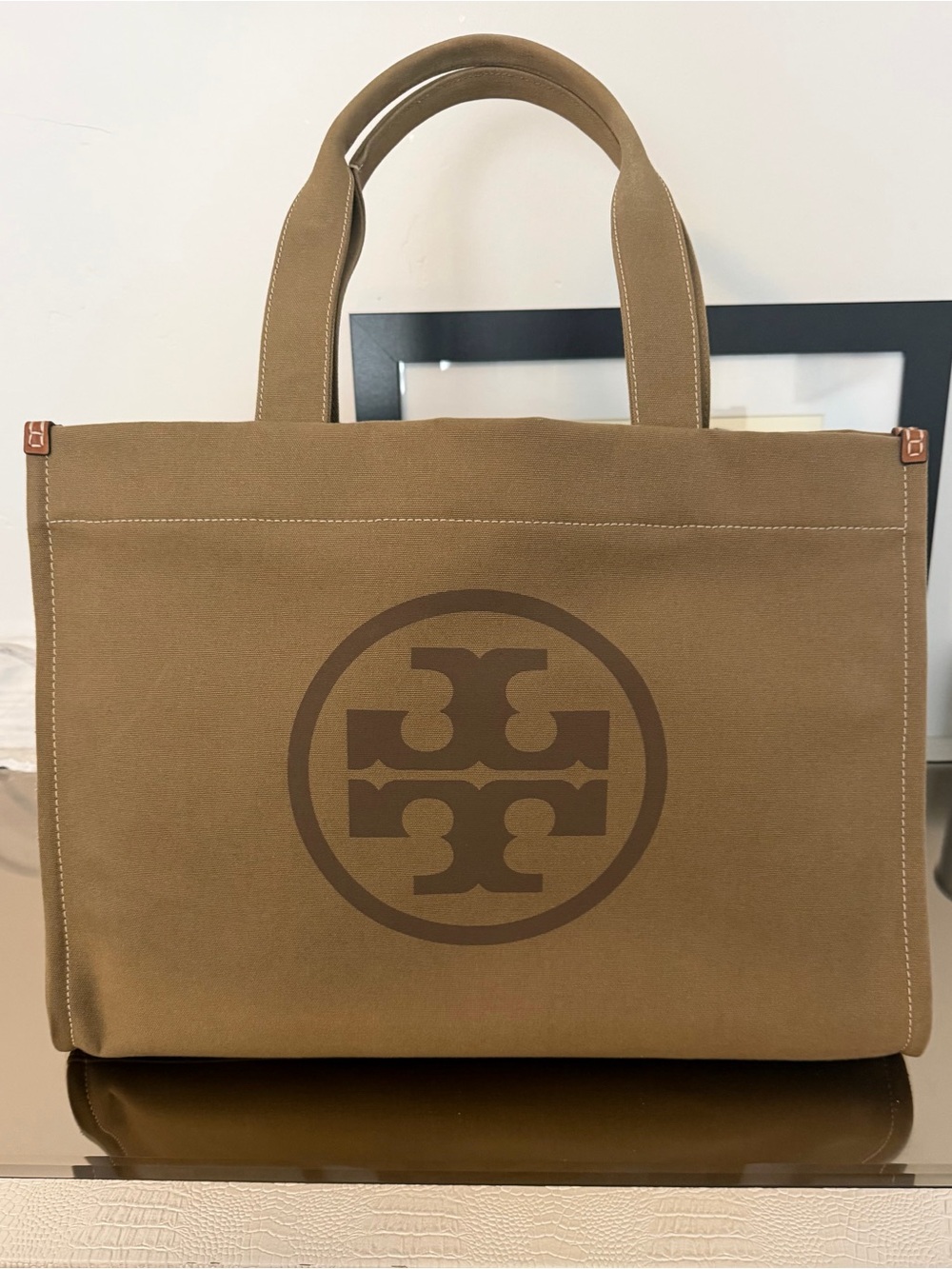 Tory Burch Ella Canvas Tote Dark Sage Green Like Brand New - Picture 3 of 7